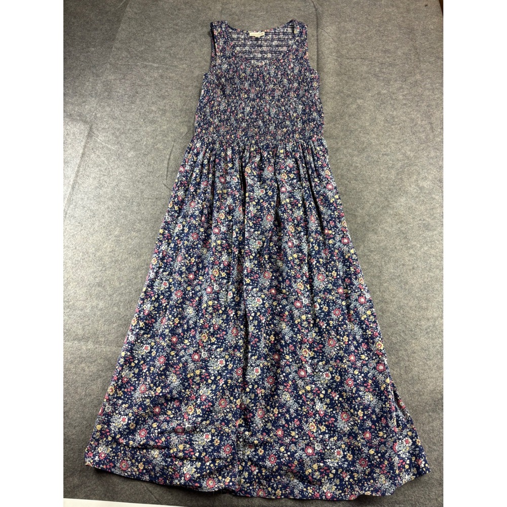 Maison Jules Blue Floral Smocked Bodice Sleeveless Maxi Dress Womens L Boho